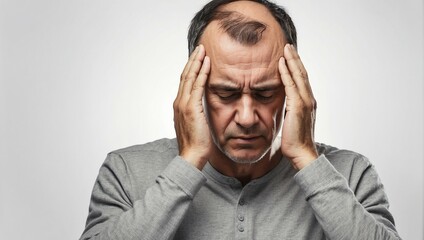 A studio photo of an adult man experiencing a migraine headache, holding his head in pain, isolated on a white background