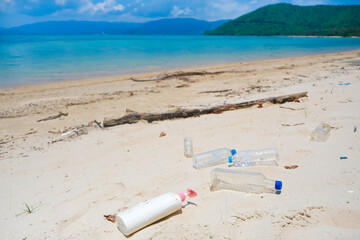Beach debris, plastic cups and plastic bags. Marine debris is one of the world's major environmental problems	
