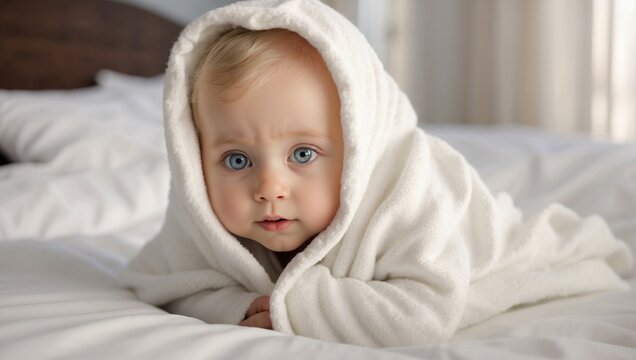 A cute picture of a little white Caucasian baby wrapped in a soft white blanket on a bed. The baby has big blue eyes and a tiny nose, making it an ideal image for advertisements