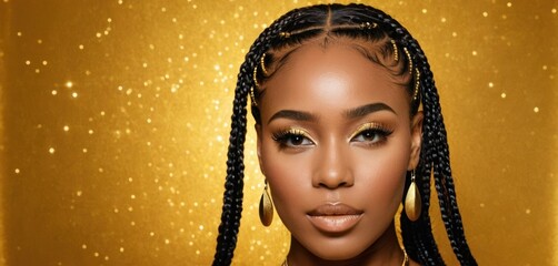  a close up of a woman with braids on her head and wearing a gold dress and gold earrings and a gold background.