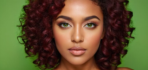  a close up of a woman's face with red curly hair and green eyeshadow on a green background.