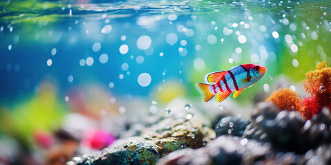 A vibrant scene of a colorful fish exploring a rich underwater habitat with bright coral and lively aquatic plants.