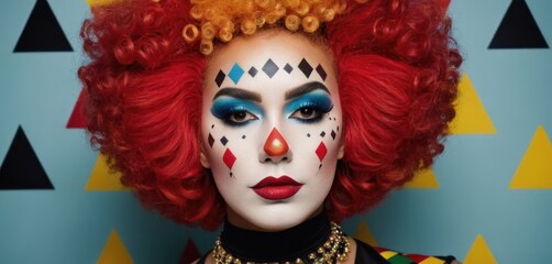  a woman with red hair and makeup is wearing a clown make - up on her face and has a clown make - up on her face.