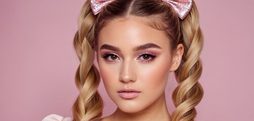  a woman with blonde hair wearing a pink dress and a pink bow in her hair and wearing a pink bow in her hair.