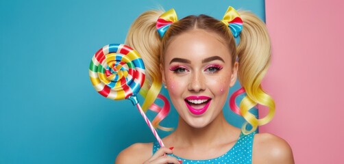  a woman holding a lollipop and a lollipop stick in front of her face on a blue and pink background.