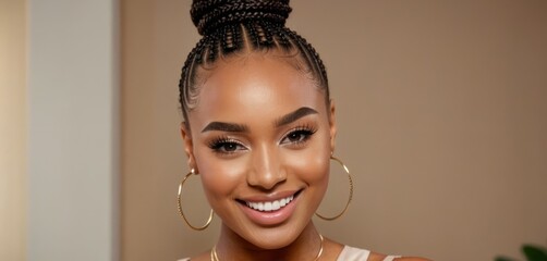 a close up of a person wearing large gold hoop earrings and a top knot hairstyle with a smile on her face.
