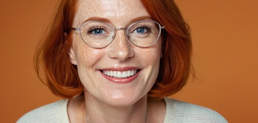  a woman with red hair wearing glasses and a white sweater smiles at the camera with a smile on her face.