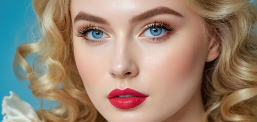  a close up of a mannequin's face with blue eyes and blonde hair wearing a red lipstick.