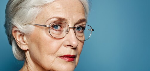  a close up of a person wearing glasses and a white hair and wearing a black shirt and a blue background.