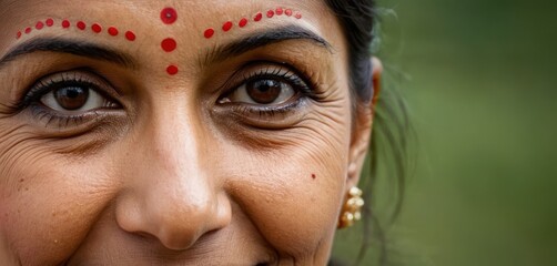  a close up of a woman's face with red dots painted on her forehead and her eyes wide open.