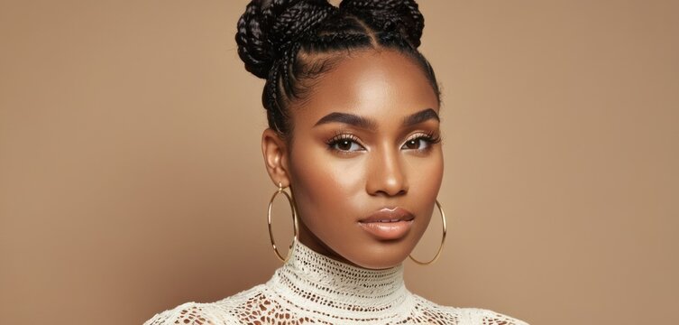  A Woman With Braids In Her Hair Wearing A White Turtle Neck Sweater And Gold Hoop Earrings On Her Head.