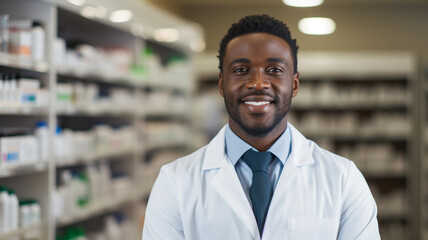 Obraz premium african male pharmacist standing by shelf at the pharmacy store.