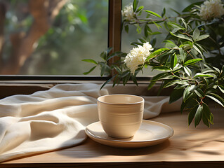 A cup of coffee on a wooden top table in a room with a florescent window and monster plant