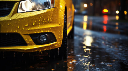 A vibrant yellow car with headlights on reflecting on the wet city street during a rain shower.