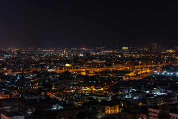 Panoramic beautiful view of the center of Dubai from a height. Dubai, United Arab Emirates at night