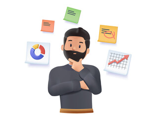 Business man surrounded by stickers thinking about his to-do list. 3D style vector design illustrations. Business planning, notes