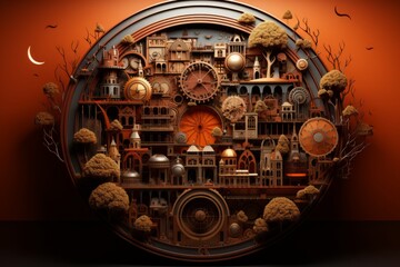 Collage Build Featuring Intricate Geometric Patterns in Warm Tones, on an isolated Sunset Orange background, Generative AI.