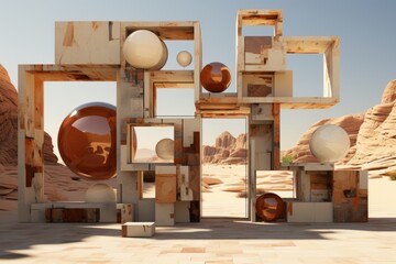 Collage Build Formed by Intertwining Geometric Shapes in Earthy Tones, on an isolated Desert Brown background, Generative AI