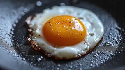 Crispy golden fried egg on sleek black non-stick pan with morning light.
