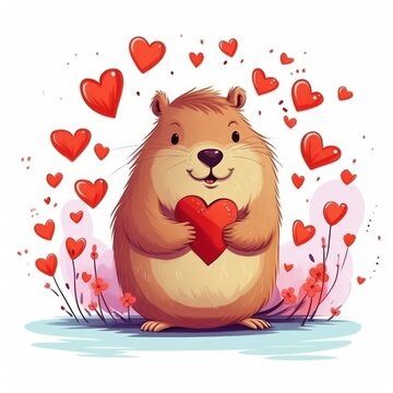 recommend clip art: Cute hamster in love with red heart and hearts around. Valentines day postcard design