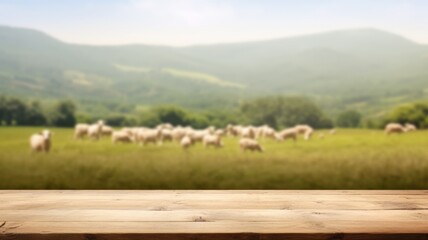 The empty wooden brown table top with blur background of sheep pasture. Exuberant image. generative AI