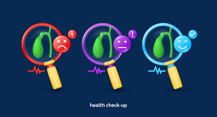 Gallbladder in magnifying glass looking diagnose with icon sadly face worried and smiling. Pulse, thunder, exclamation, check mark. Medical health care check up. 3d organ anatomy cartoon vector.