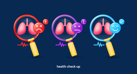 Lung in magnifying glass looking diagnose with icon sadly face worried and smiling. Pulse, thunder, exclamation, check mark. Medical health care check up. 3d organ anatomy cartoon vector.
