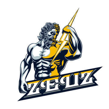 illustration of the god Zeus holding a yellow lightning bolt
