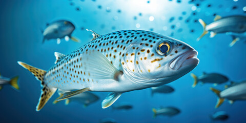 Fototapeta premium Close-up of a spotted fish swimming serenely among a school of fish in the tranquil blue waters of the ocean.