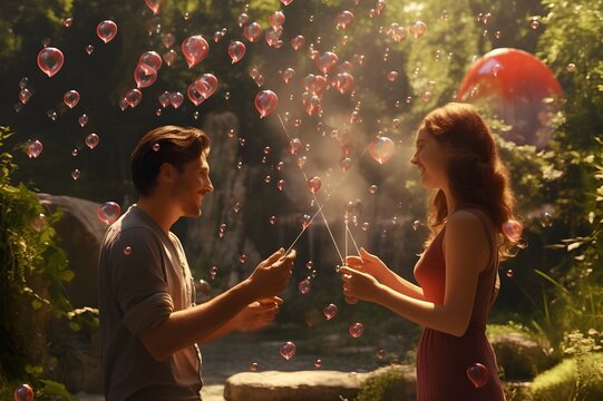 A playful couple blowing heart-shaped bubbles together in a garden.