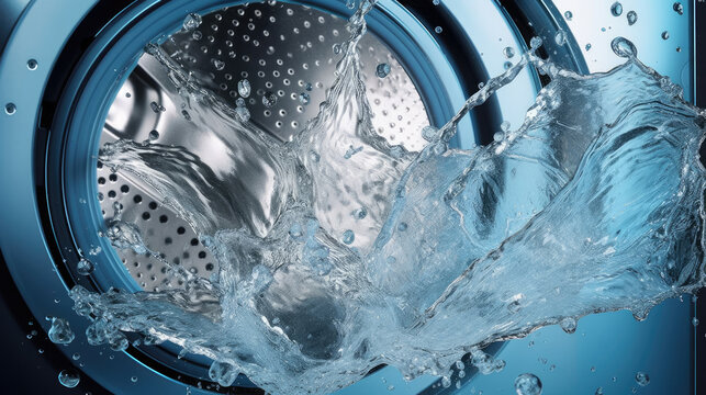 Water splashes in washing machine drum,, Washing machine drum with clean water flow and splashes. 