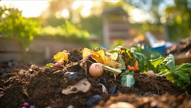 Up close of a community gardens compost pile, repurposing food waste for biogas.