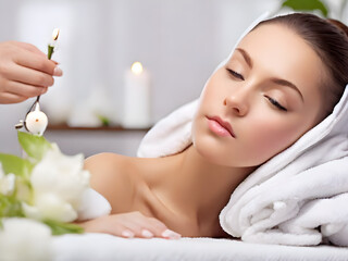 Beautiful girl has beauty treatments, facial care in the clinic.