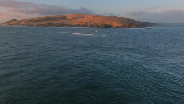 Aerial: The Hokianga Harbour and giant sand dune at sunset. Opononi, Northland, New Zealand.