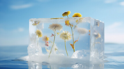 Artistic depiction of summer blooms encapsulated in a melting ice cube, floating on tranquil blue water.