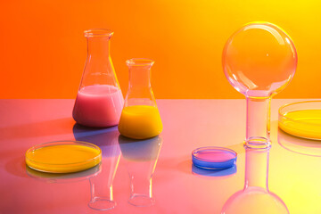 Equipment of the chemical laboratory decorated on orange gradient background. Erlenmeyer and boiling flasks with petri dishes containing colorful liquid decorated. Space to place your product