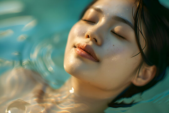 A beautiful Asian woman's close-up face in an onsen.