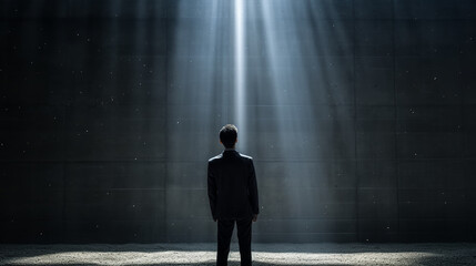 Obraz premium Ray of the light. businessman is find the exit, successfully way to avoid problem. leaving situation and find a new ways.