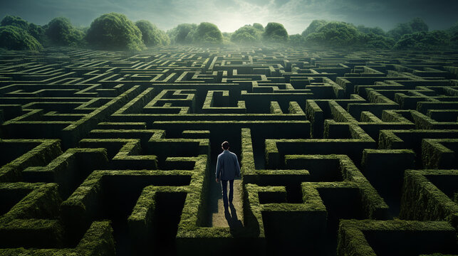 Tiny man entering a mysterious maze, labyrinth. Making right decision concept