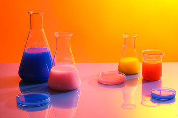 Front view of laboratory equipments: erlenmeyer flasks, beaker and petri dishes filled with colorful solution displayed on orange gradient background. Empty space for cosmetic product presentation