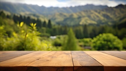 The empty wooden brown table top with blur background of New Zealand nature. Exuberant image. generative AI