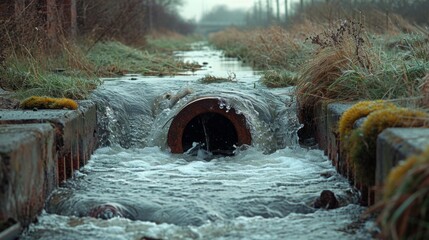 Water flow stops away from the sewer into the river, which is grass-covered coast.