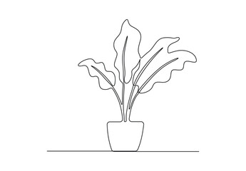Potted plant single continuous line drawing. House decoration. Isolated on white background vector illustration. Free vector.