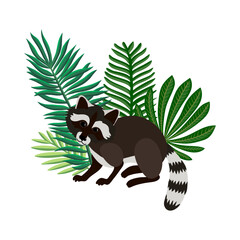 vector drawing raccoon and green leaves, hand drawn animal isolated at white background , cartoon style character