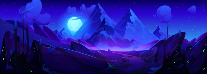 Night mountain landscape with path leading to rocky hills under starry sky with clouds and full moon. Cartoon vector illustration of dark blue dusk scenery with road and rocks under moonlight.