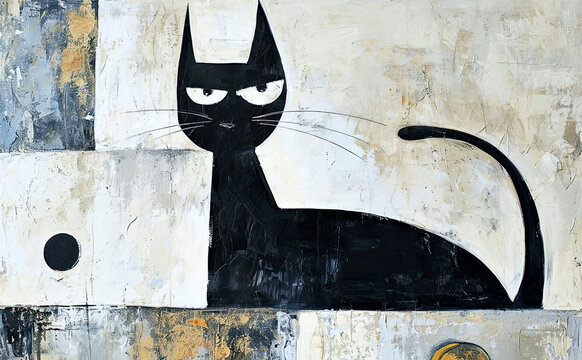 Funny  black cat, abstract painting