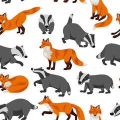 vector drawing seamless pattern with badgers and red foxes, hand drawn animals at white background , cartoon style cover