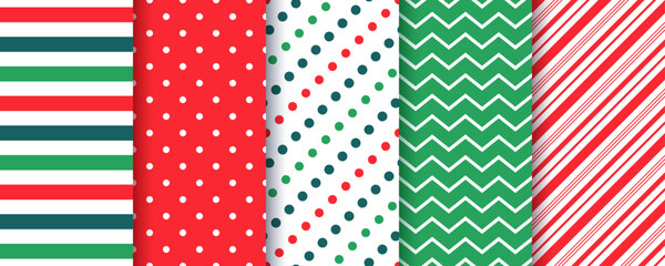 Christmas seamless pattern. Xmas, New year backgrounds. Set textures with stripes, polka dots and zigzag. Red green elegant prints for scrapbooking. Festive wrapping paper. Vector illustration