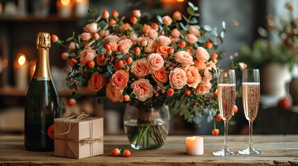 Champagne and beautiful rose bouquet. Romantic date, candle light dinner setting