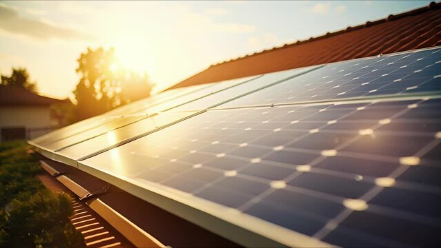 Closeup of a row of solar panels installed on a homes roof, harnessing the power of the sun.